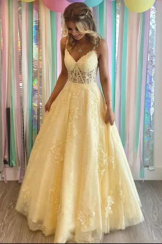 Spaghetti Strap Yellow Lace Tulle Prom Dress with Sheer Corset Bodice and Lace-Up Back