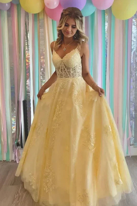 Spaghetti Strap Yellow Lace Tulle Prom Dress with Sheer Corset Bodice and Lace-Up Back