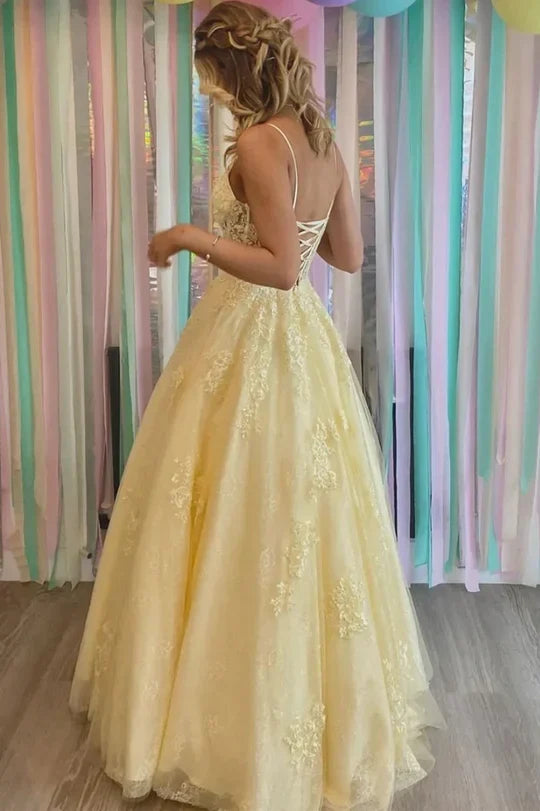 Spaghetti Strap Yellow Lace Tulle Prom Dress with Sheer Corset Bodice and Lace-Up Back