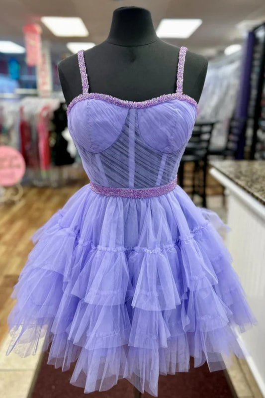 Spaghetti Straps A-Line Sweetheart Ruffles Tulle Short Homecoming Dress