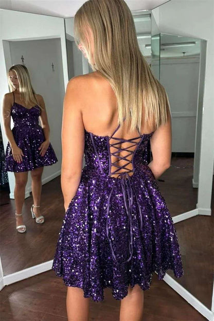 Spaghetti Straps A-Line V-Neck Sequined Short Homecoming Dress