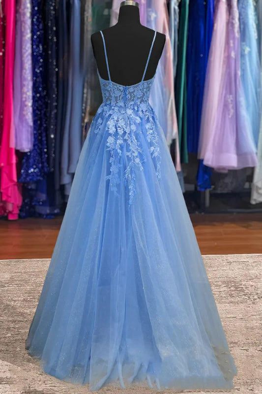 Spaghetti Straps Lace Appliques Empire-Waist Pleated Tulle Prom Dress