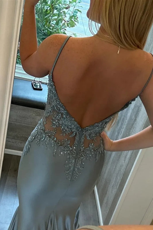 Spaghetti Straps Mermaid Appliques V-Neck Pleated Prom Dress