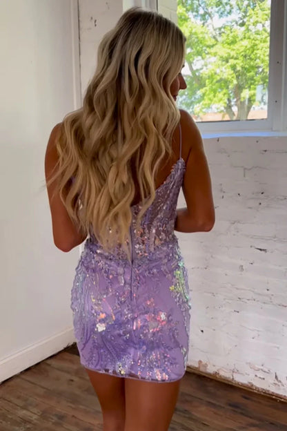 Spaghetti Straps Sequins Appliques Tight Homecoming Dress