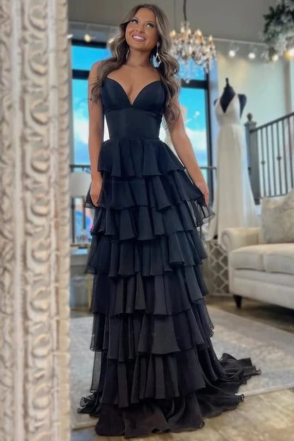 Spaghetti Straps V-Neck Layered Chiffon Sleeveless Long Prom Dress