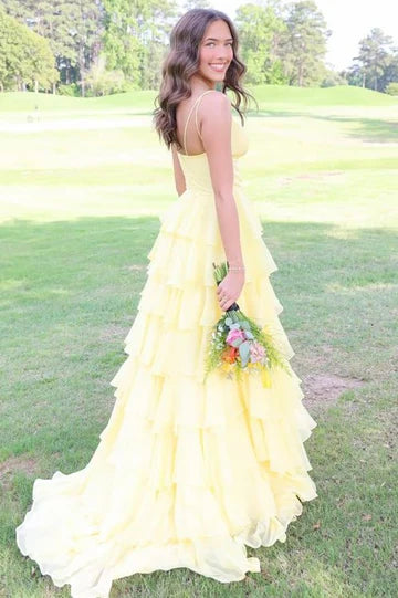 Spaghetti Straps V-Neck Layered Chiffon Sleeveless Long Prom Dress