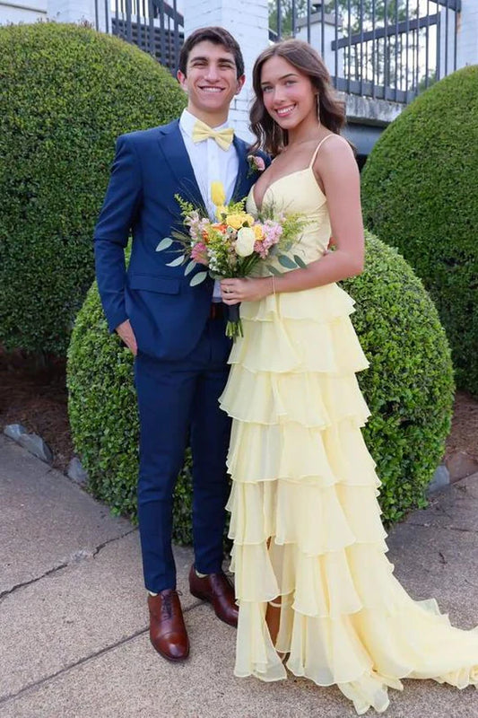 Spaghetti Straps V-Neck Layered Chiffon Sleeveless Long Prom Dress