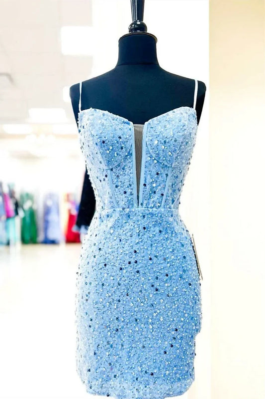 Spaghetti Straps V-Neck Sequined Sleeveless Short Homecoming Dress