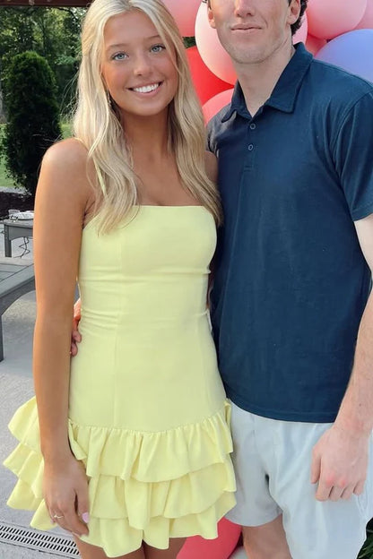 Spaghetti Straps Yellow Satin Ruffles Short Homecoming Dress