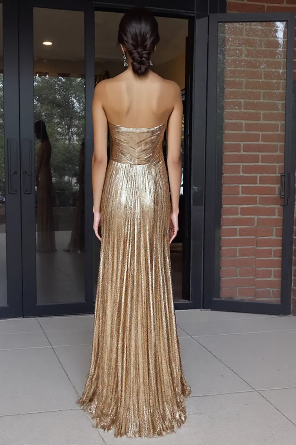 Sparkle Gold A-Line Sweetheart Neck Strapless Crisscross Back Floor-Length Metallic Pleated Prom Dress