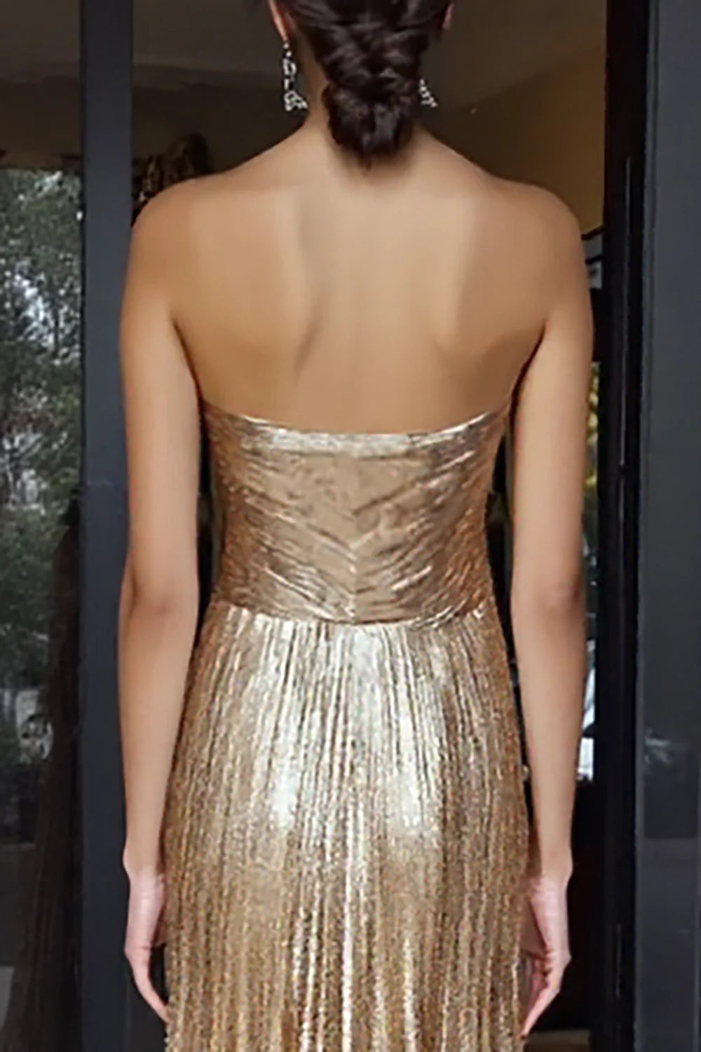 Sparkle Gold A-Line Sweetheart Neck Strapless Crisscross Back Floor-Length Metallic Pleated Prom Dress