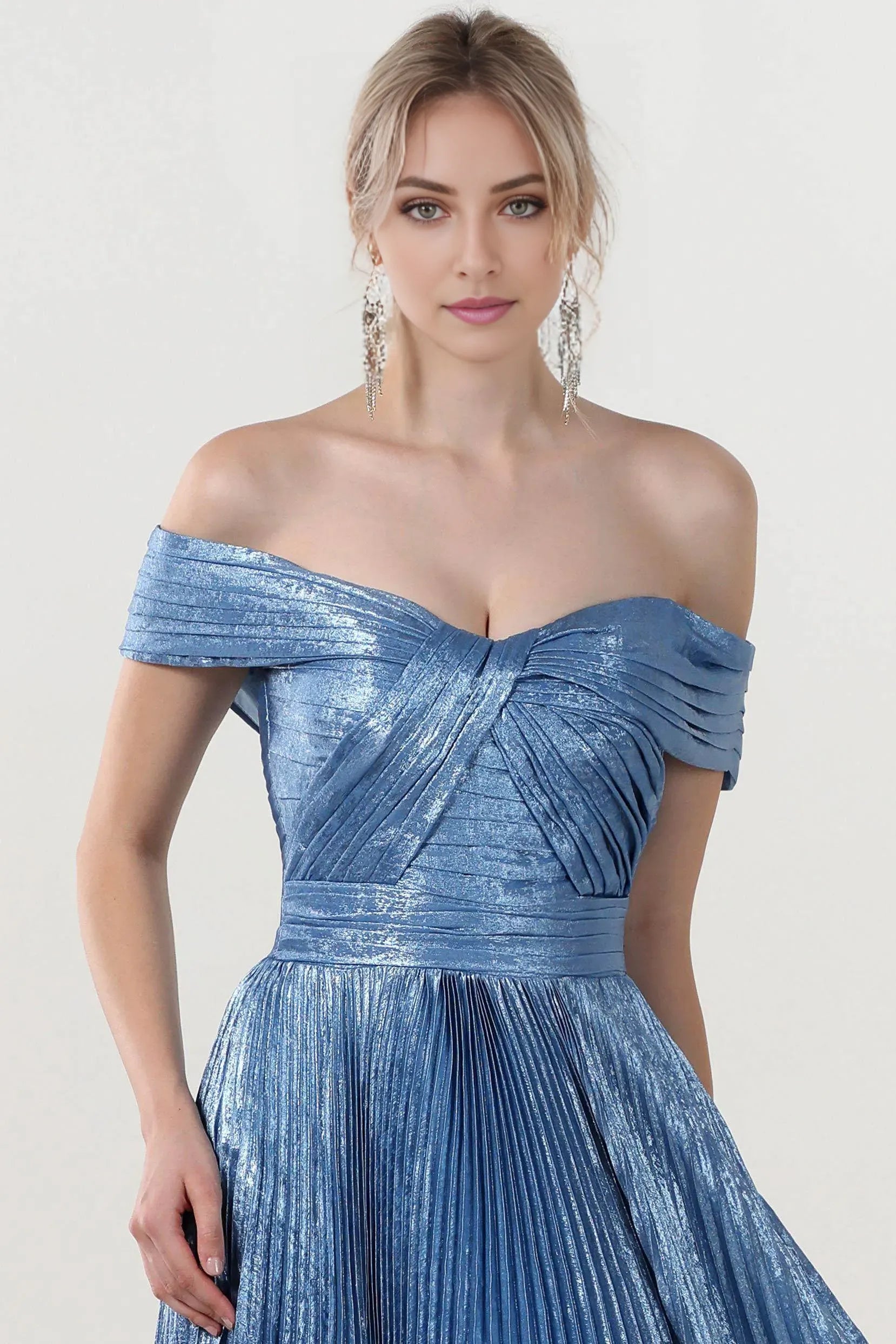 Sparkle Ice Blue A-Line Off-the-Shoulder Sleeveless Back Zip Floor-Length Metallic Pleated  Prom Dress