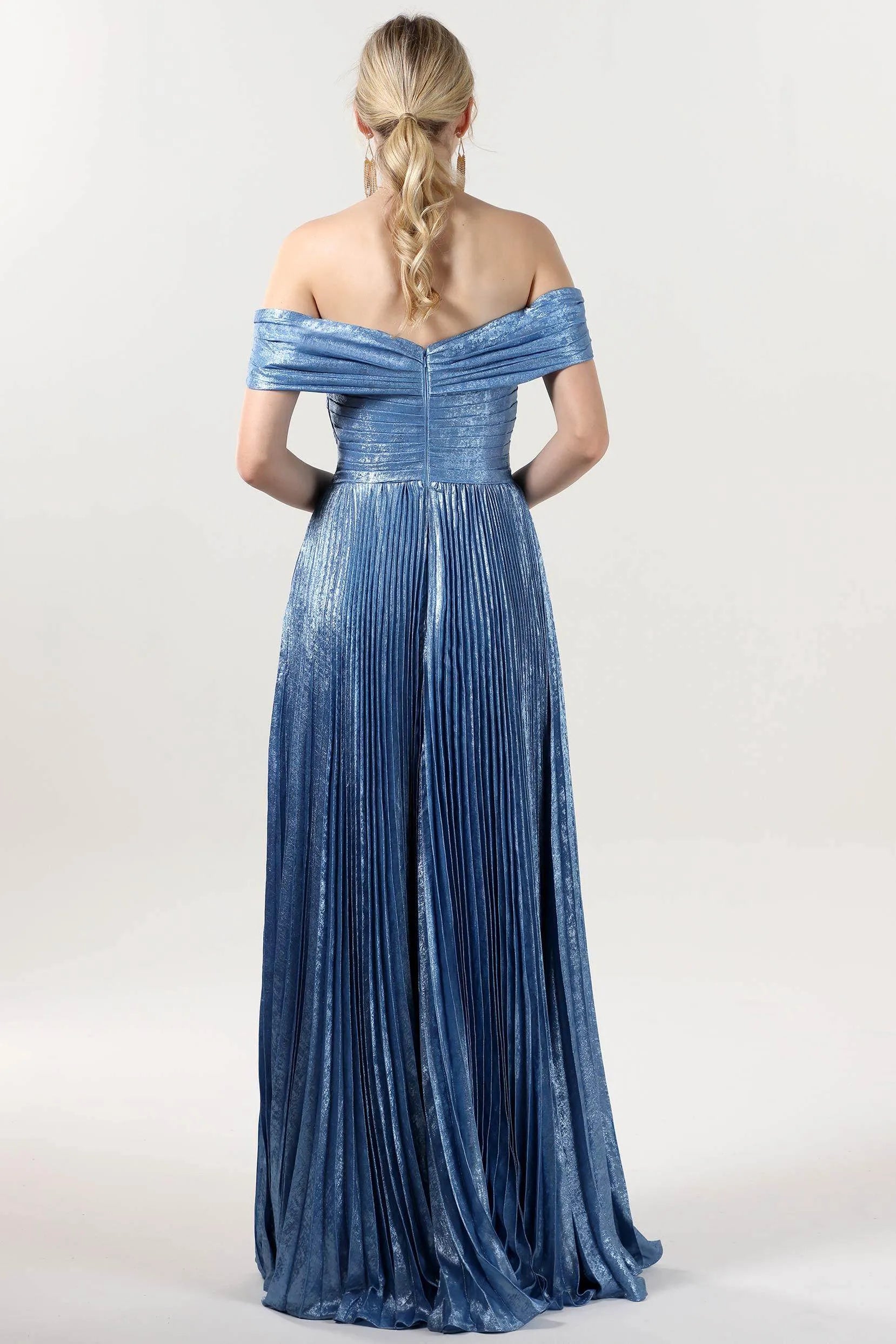 Sparkle Ice Blue A-Line Off-the-Shoulder Sleeveless Back Zip Floor-Length Metallic Pleated  Prom Dress