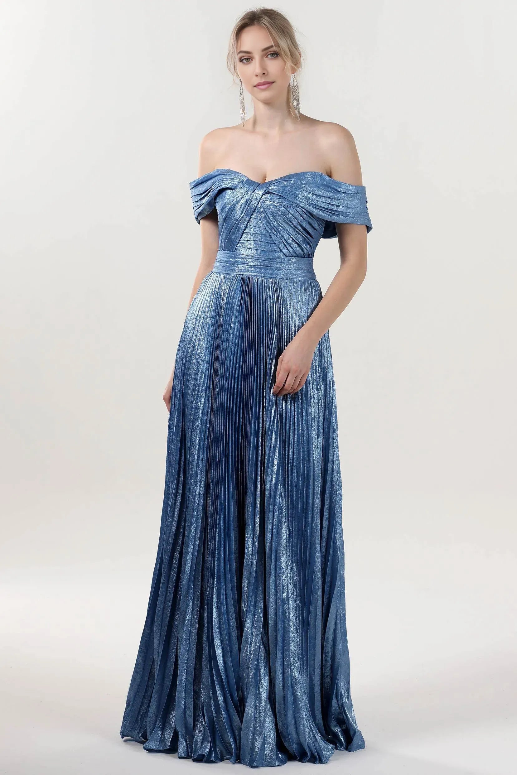 Sparkle Ice Blue A-Line Off-the-Shoulder Sleeveless Back Zip Floor-Length Metallic Pleated  Prom Dress
