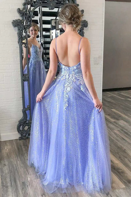Sparkle Lavender Tulle Flowers Straps Backless A-Line Prom Dress