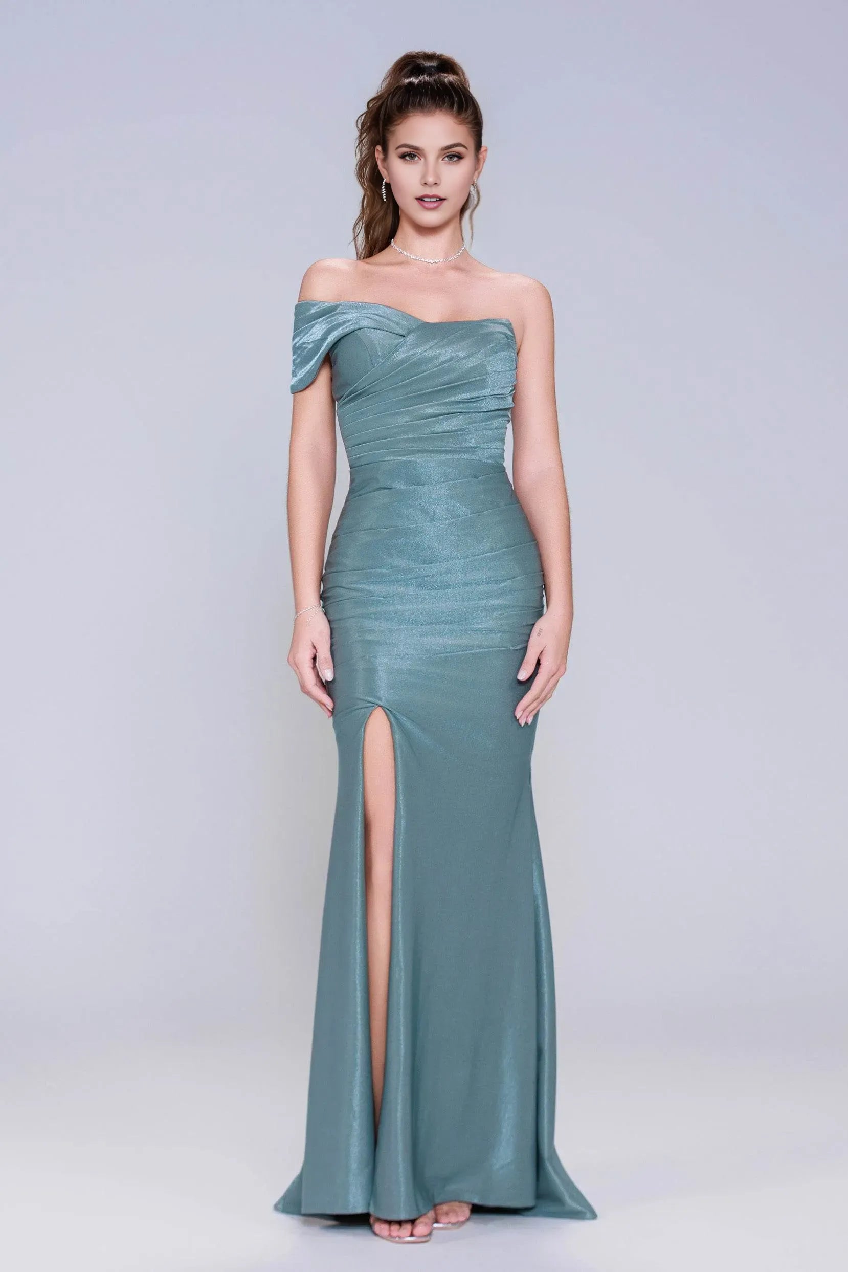 Sparkle Sheath Off-the-Shoulder Sleeveless Back Zip Floor-Length Ruched Satin High Slit Prom Dress