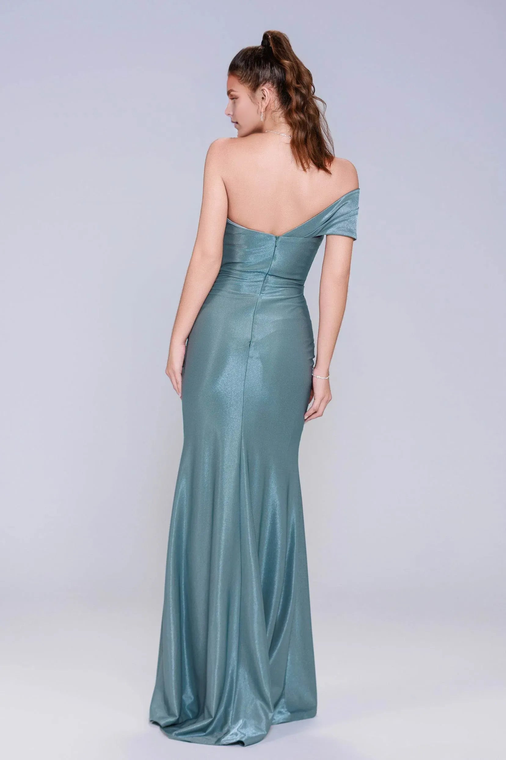Sparkle Sheath Off-the-Shoulder Sleeveless Back Zip Floor-Length Ruched Satin High Slit Prom Dress