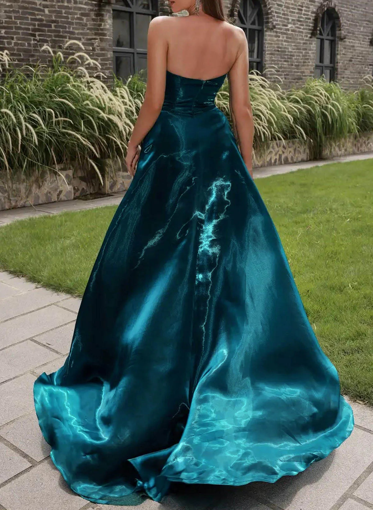 Sparkle & Shine Ink Blue A-Line Strapless Sleeveless Back Zip Sweep Train Ruched High Slit Satin Prom Dress