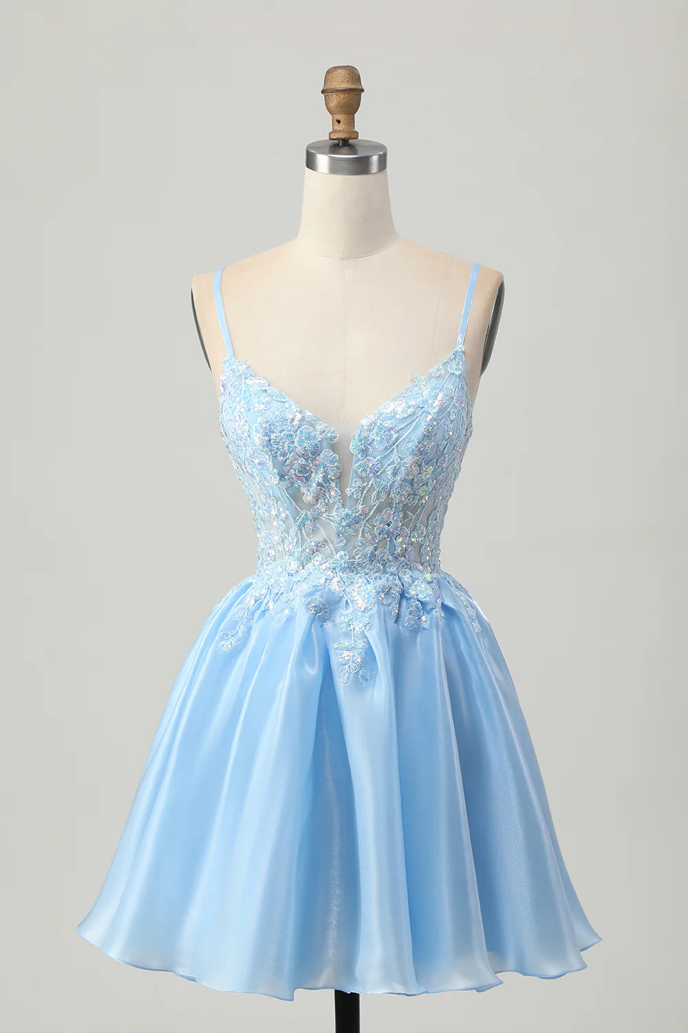 Full view of a sparkling blue A-line sequin short homecoming dress.