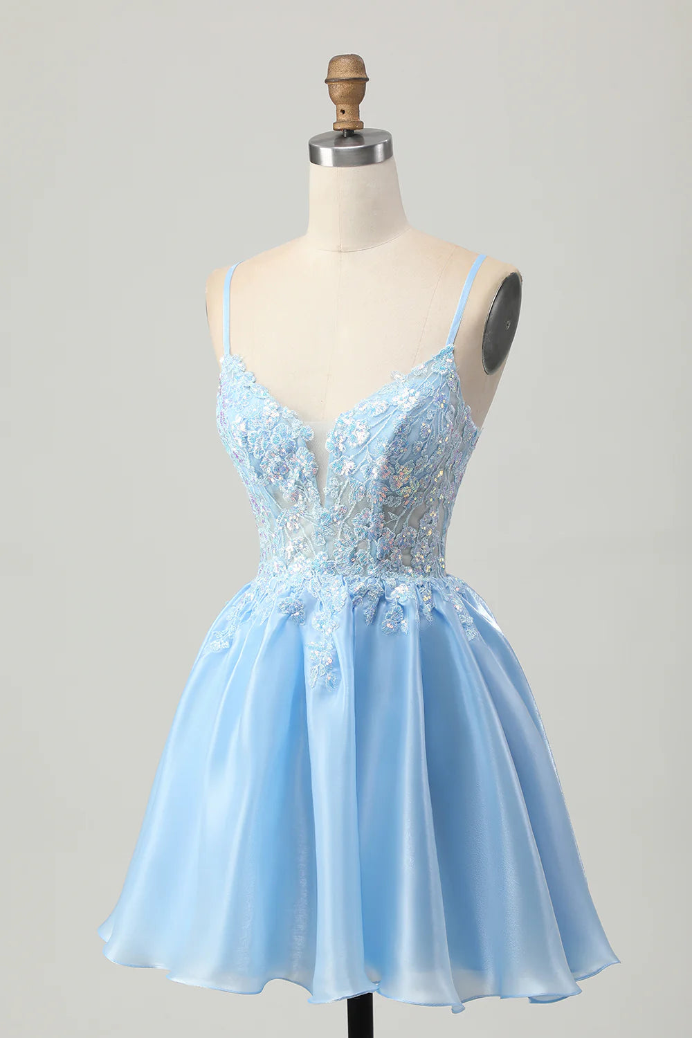 Front detail of the blue A-line sequin short dress.