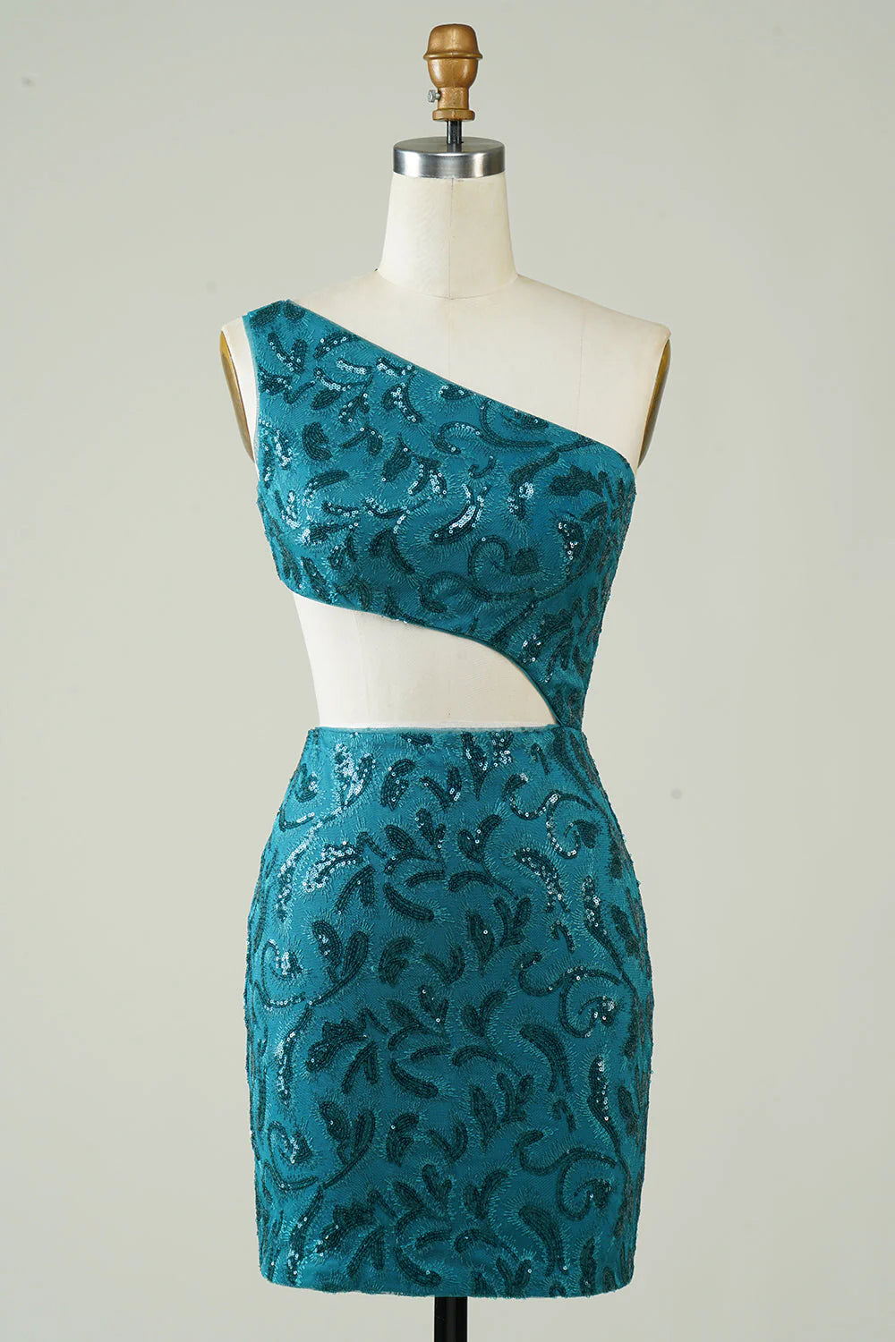 Blue glitter tight strapless homecoming dress with a front cutout detail.