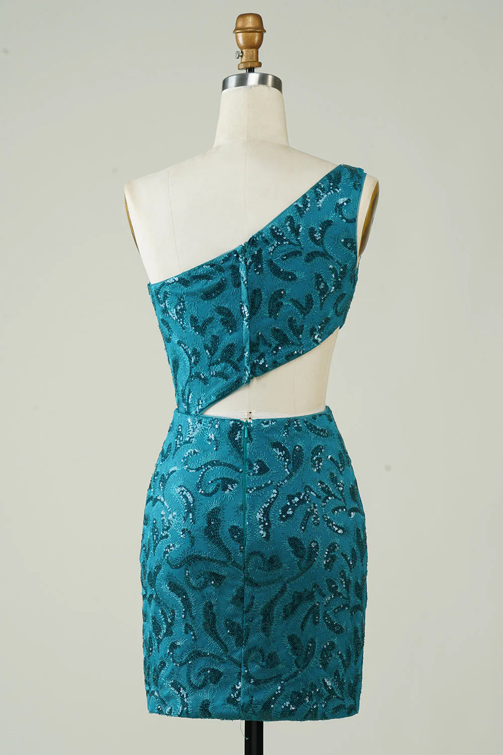 Back view of the blue glitter tight strapless homecoming dress.