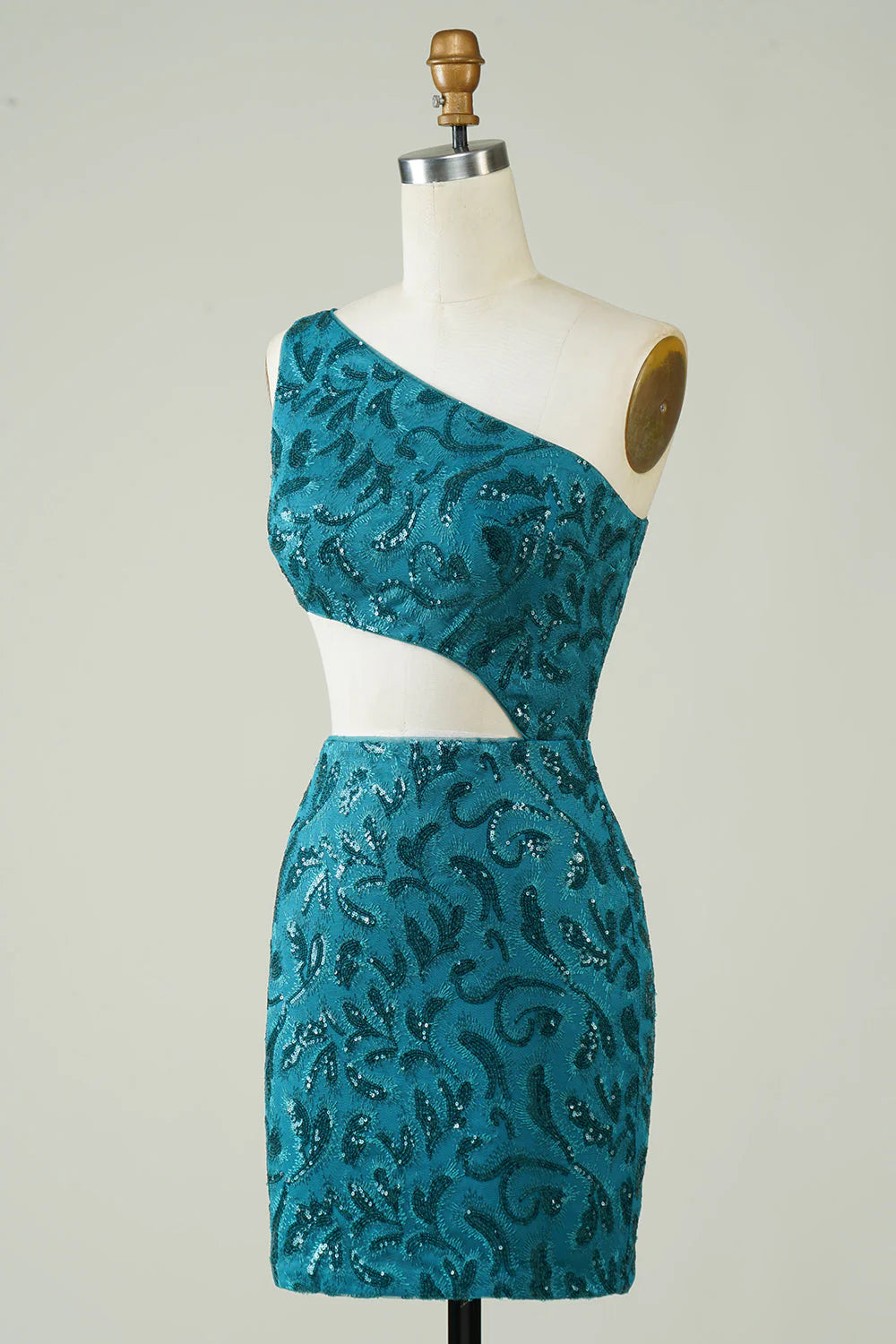 Side view of the blue glitter tight strapless homecoming dress, showing the ankle-length.