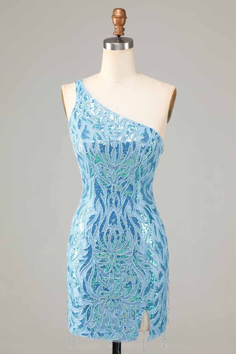 Model wearing a sparkling blue sheath one-shoulder sequin short homecoming dress.