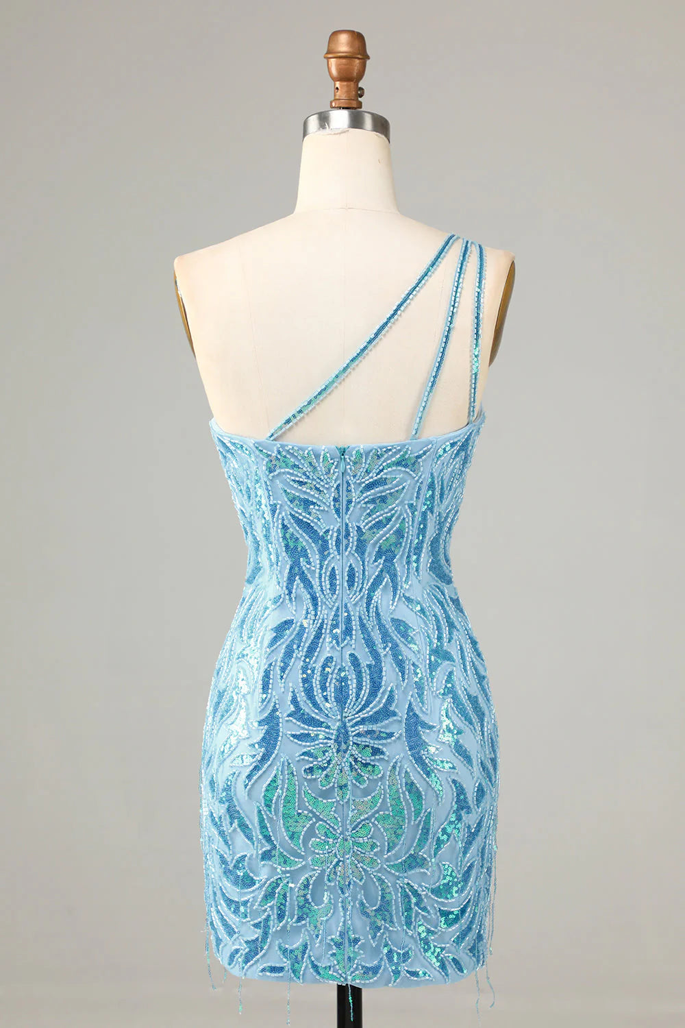 Side view of the blue sequin one-shoulder homecoming dress, showcasing its fitted silhouette.