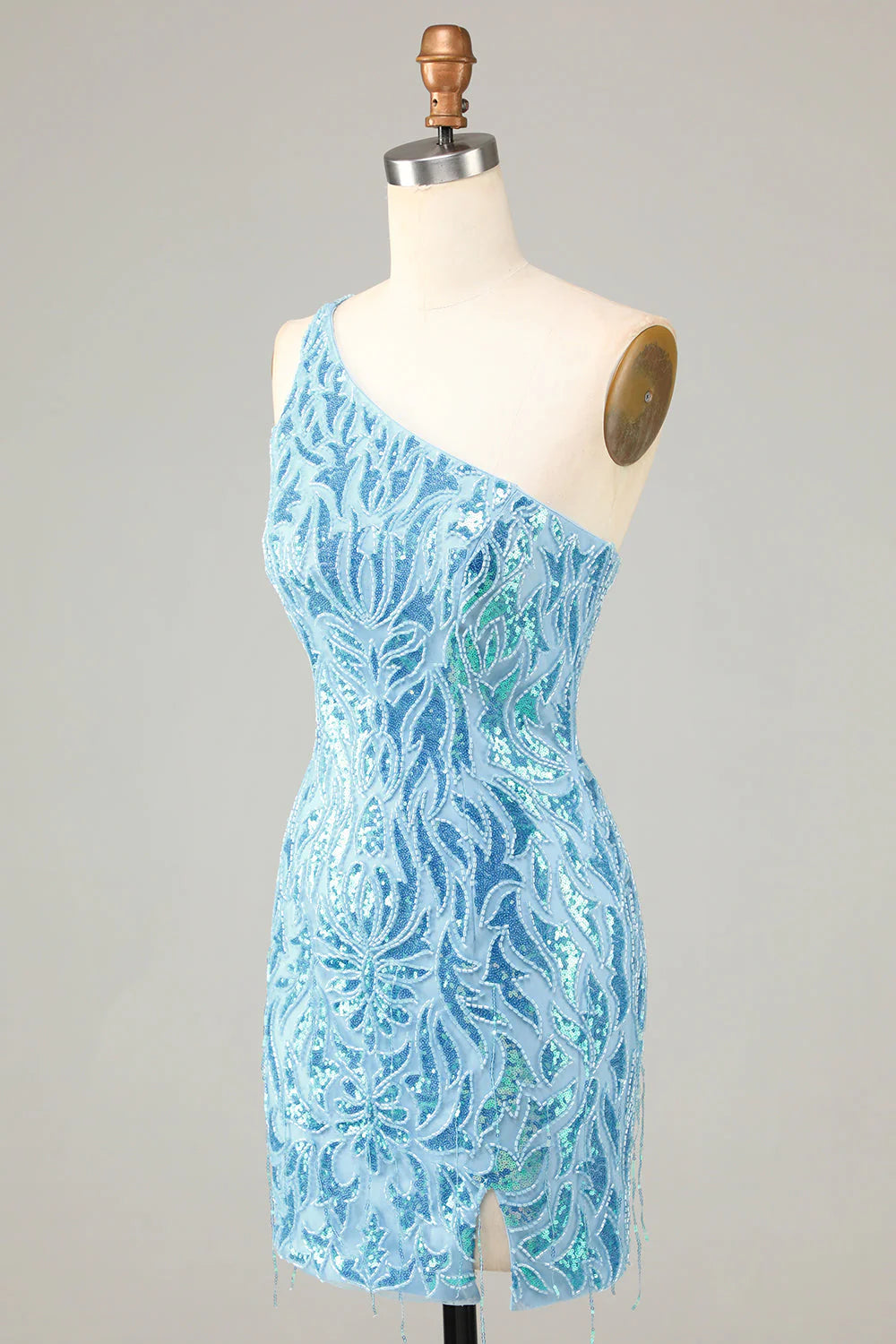 Back view of the blue sequin short homecoming dress with a one-shoulder design.