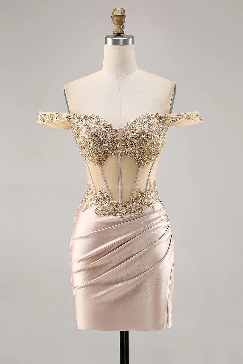 Champagne bodycon off-shoulder homecoming dress with sequins and corset detail.