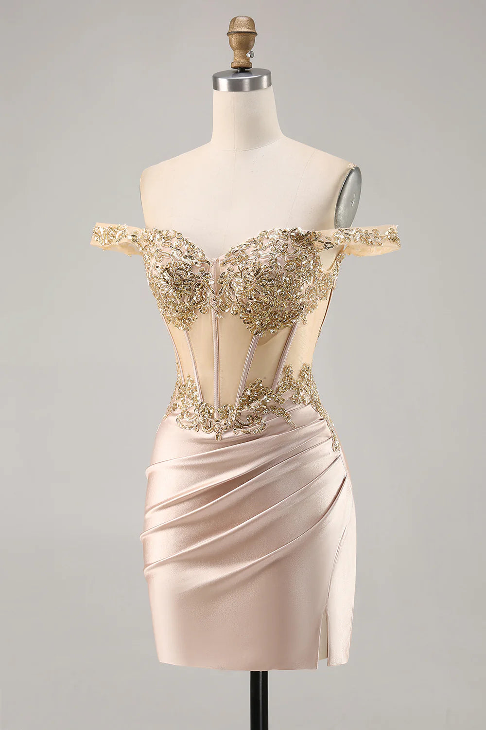 Side view of a woman wearing a champagne off-shoulder sequined bodycon dress.