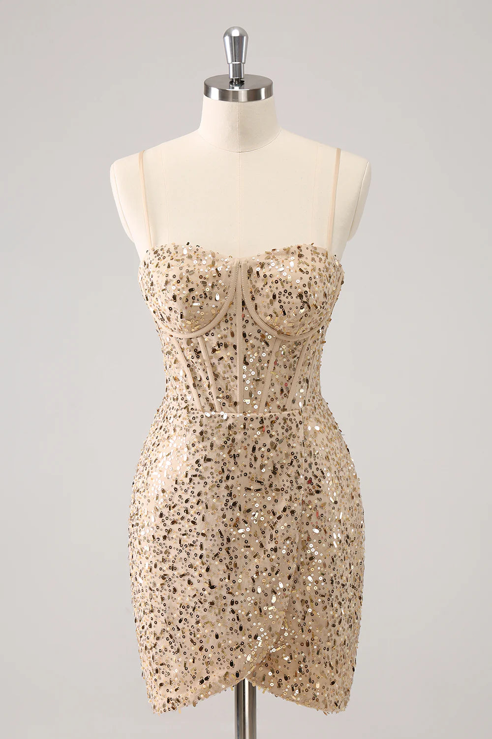 Front view of a sparkling golden sequin bodycon short homecoming dress with spaghetti straps.