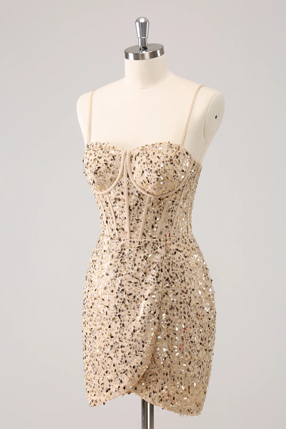 Back view of a shimmering golden sequin bodycon short dress, ideal for parties.