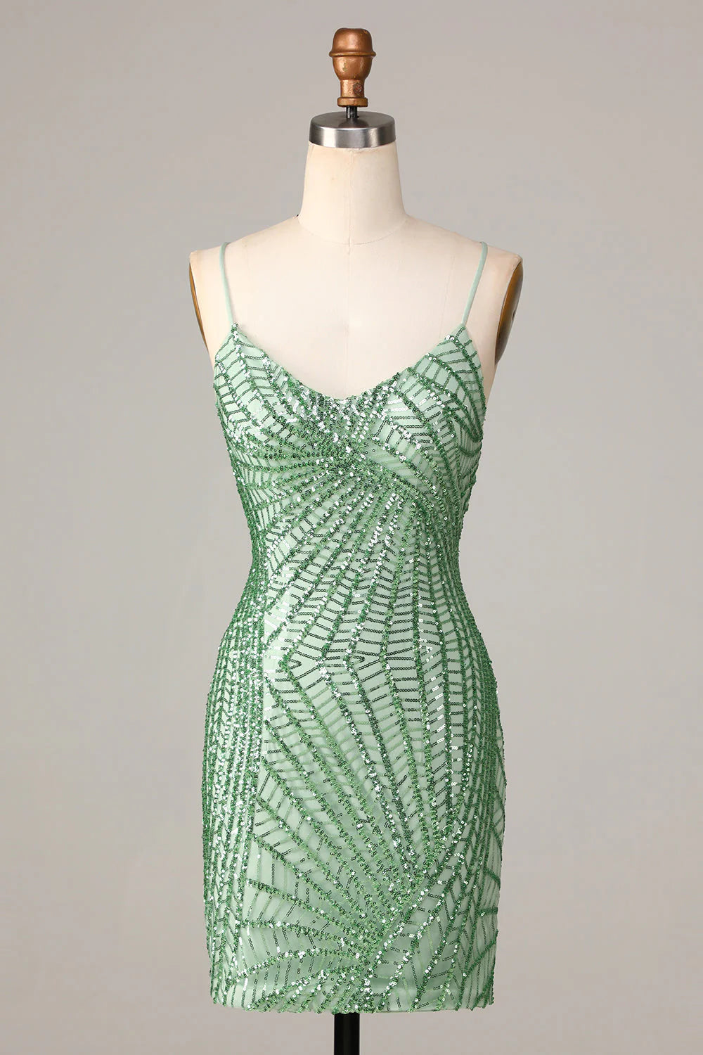 Sparkling green sequin sheath short homecoming dress.
