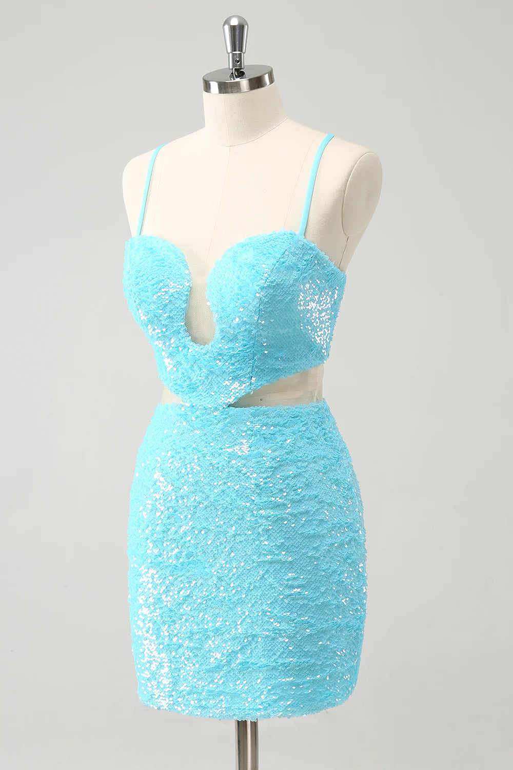 Close-up of the sparkly light blue sequin fabric on the homecoming dress.