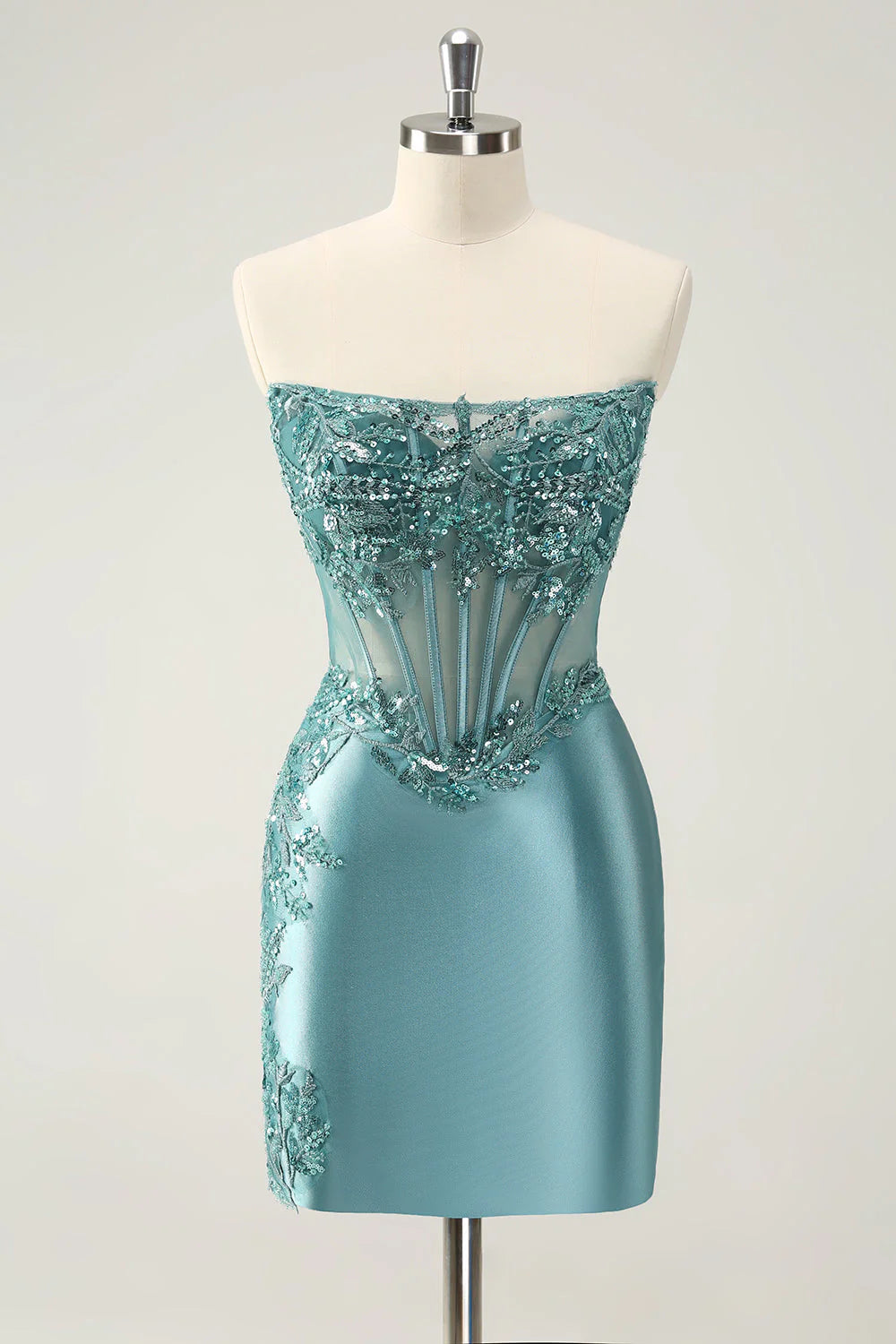Peacock blue glitter homecoming dress with strapless corset and appliques.