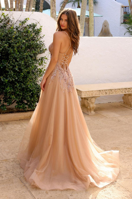Sparkling A-line V-neck slim suspender backless dress with side slit