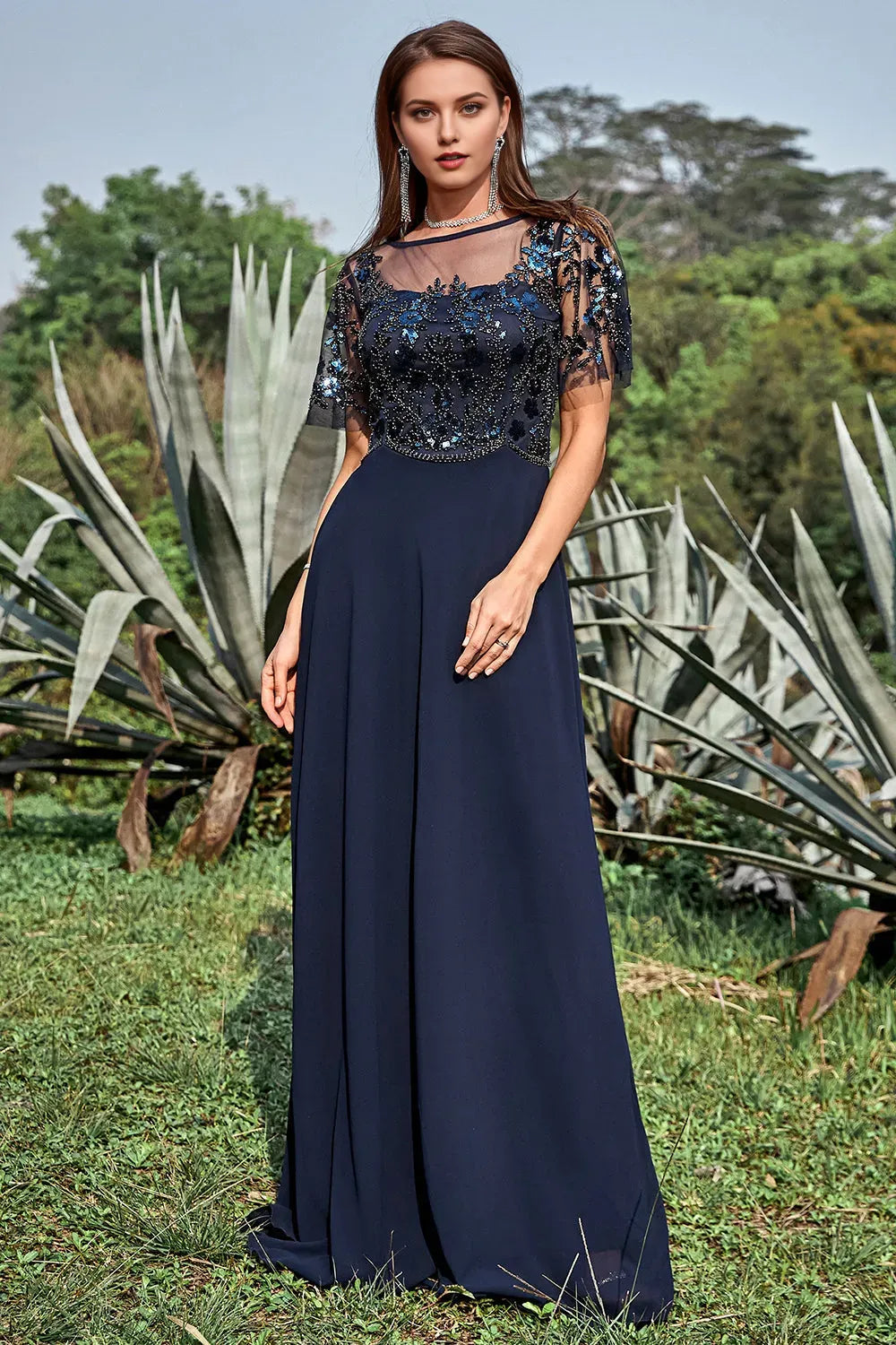 Sparkling Glitter Navy Blue Illusion Neckline Beaded Appliques Sequin Chiffon Mother of the Bride Dress for ladies