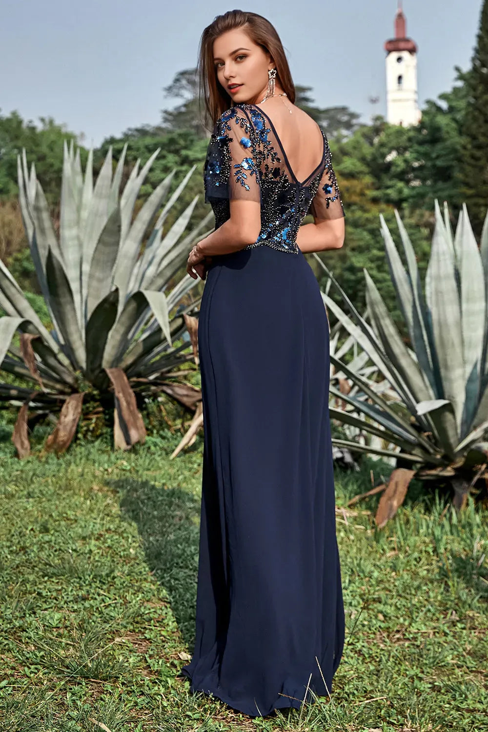 Sparkling Glitter Navy Blue Illusion Neckline Beaded Appliques Sequin Chiffon Mother of the Bride Dress for ladies