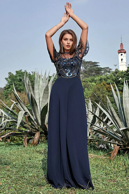 Sparkling Glitter Navy Blue Illusion Neckline Beaded Appliques Sequin Chiffon Mother of the Bride Dress for ladies