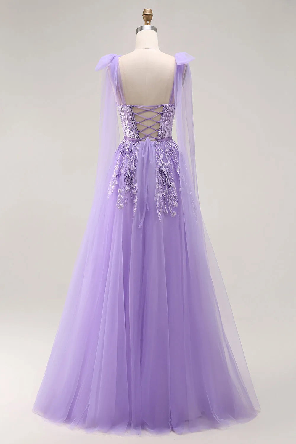 Sparkling Purple A Line Sweetheart Neck Bow -Strap Tulle Lace Up Back Floor - Length Prom Dress with Sequins