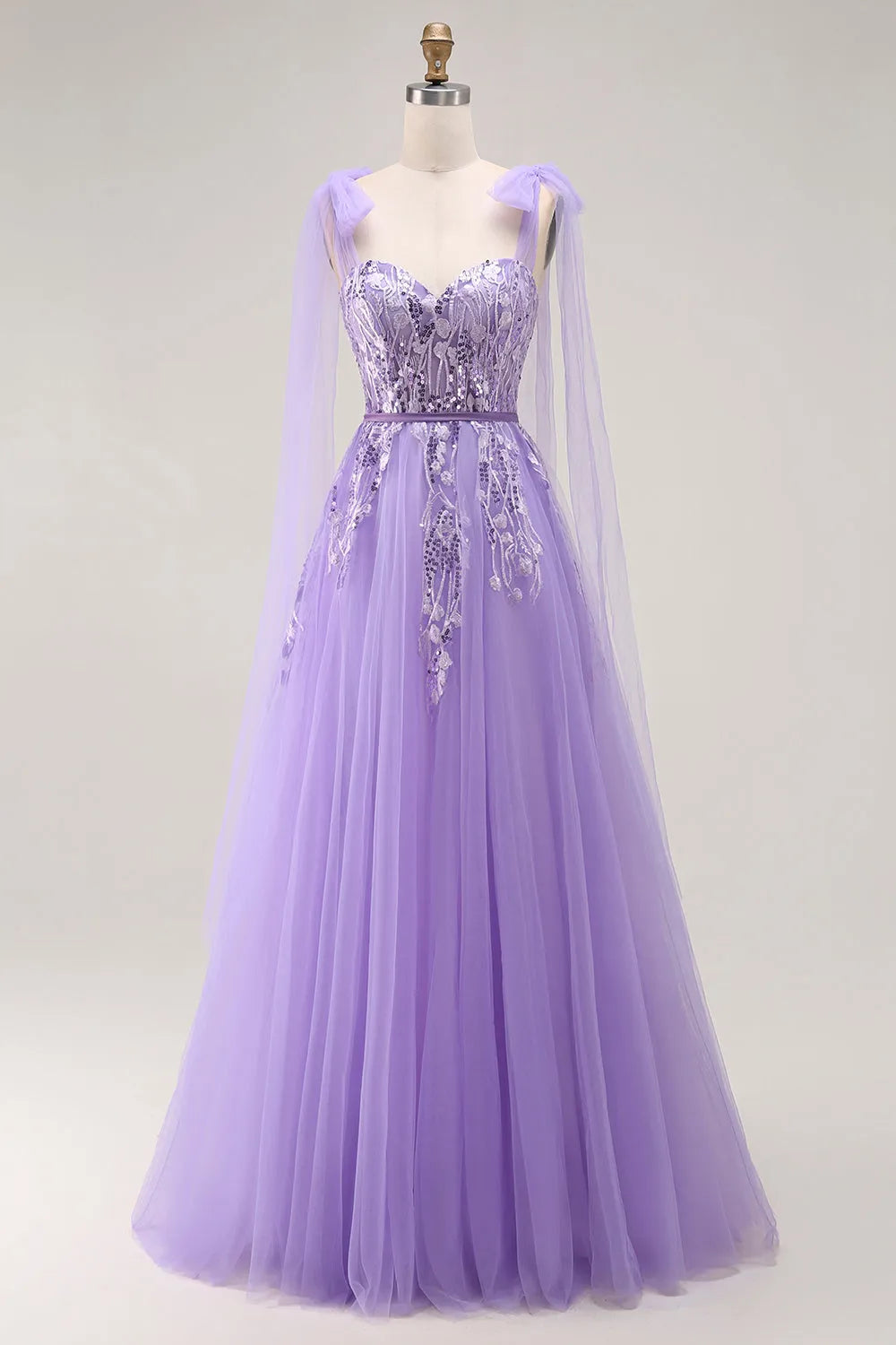 Sparkling Purple A Line Sweetheart Neck Bow -Strap Tulle Lace Up Back Floor - Length Prom Dress with Sequins