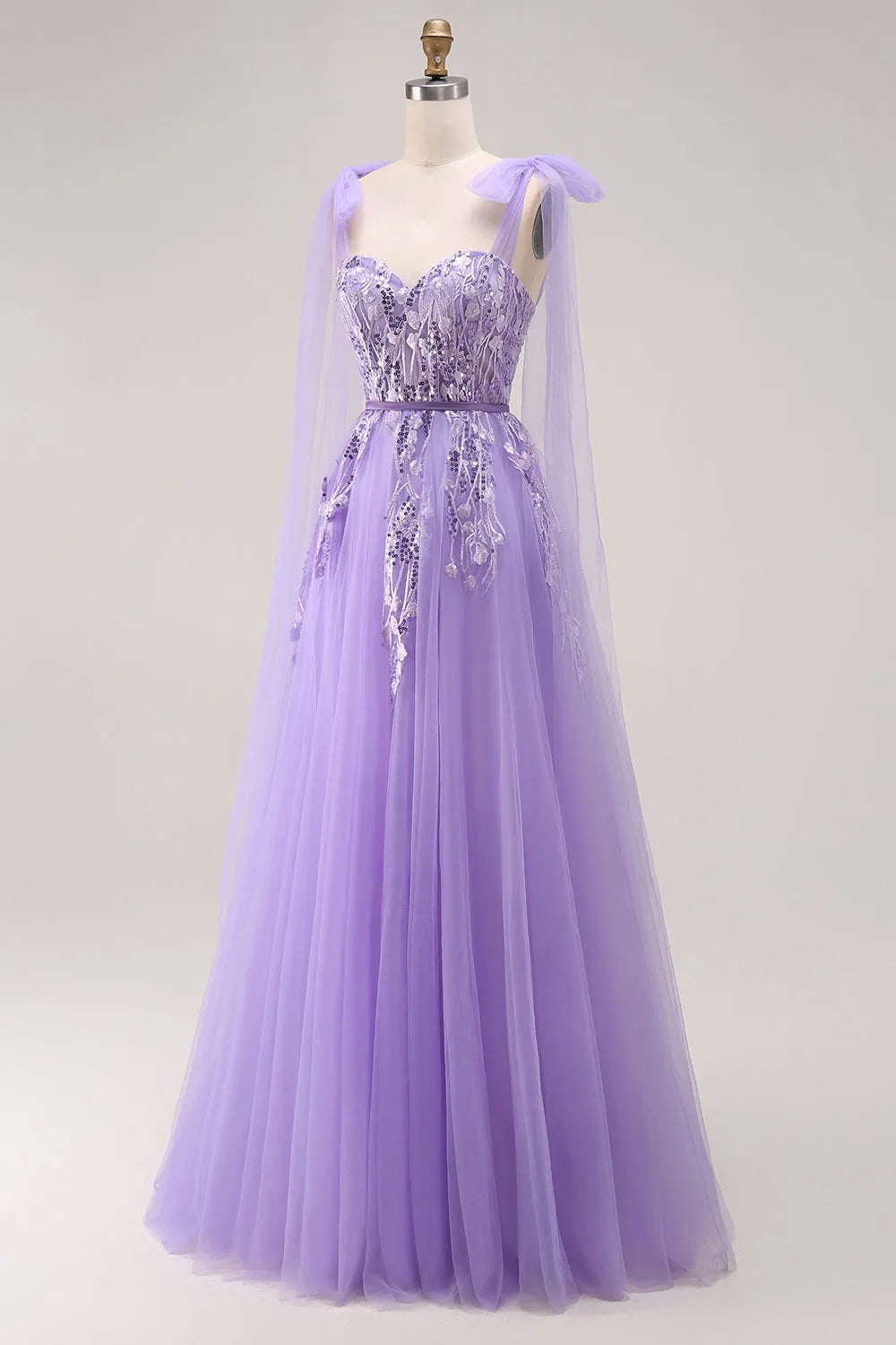 Sparkling Purple A Line Sweetheart Neck Bow -Strap Tulle Lace Up Back Floor - Length Prom Dress with Sequins