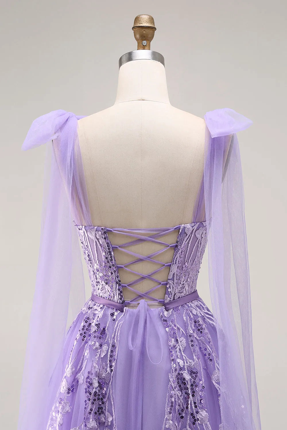 Sparkling Purple A Line Sweetheart Neck Bow -Strap Tulle Lace Up Back Floor - Length Prom Dress with Sequins