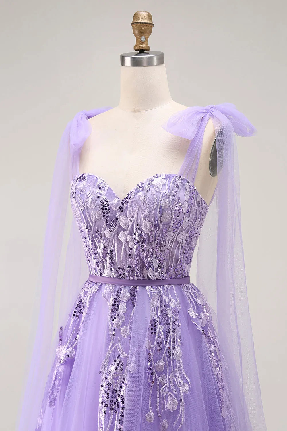 Sparkling Purple A Line Sweetheart Neck Bow -Strap Tulle Lace Up Back Floor - Length Prom Dress with Sequins