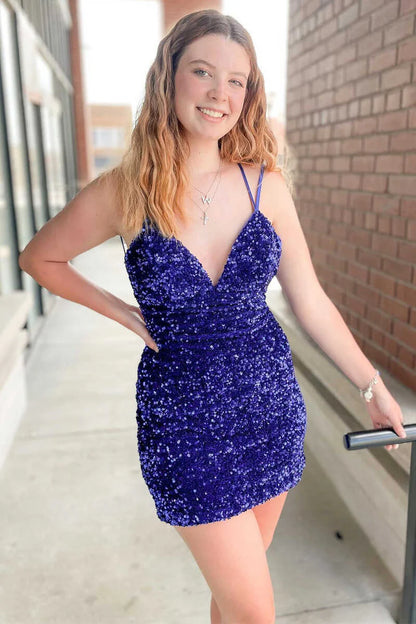 Sparkling V-neck lace up backless mini back to school dress