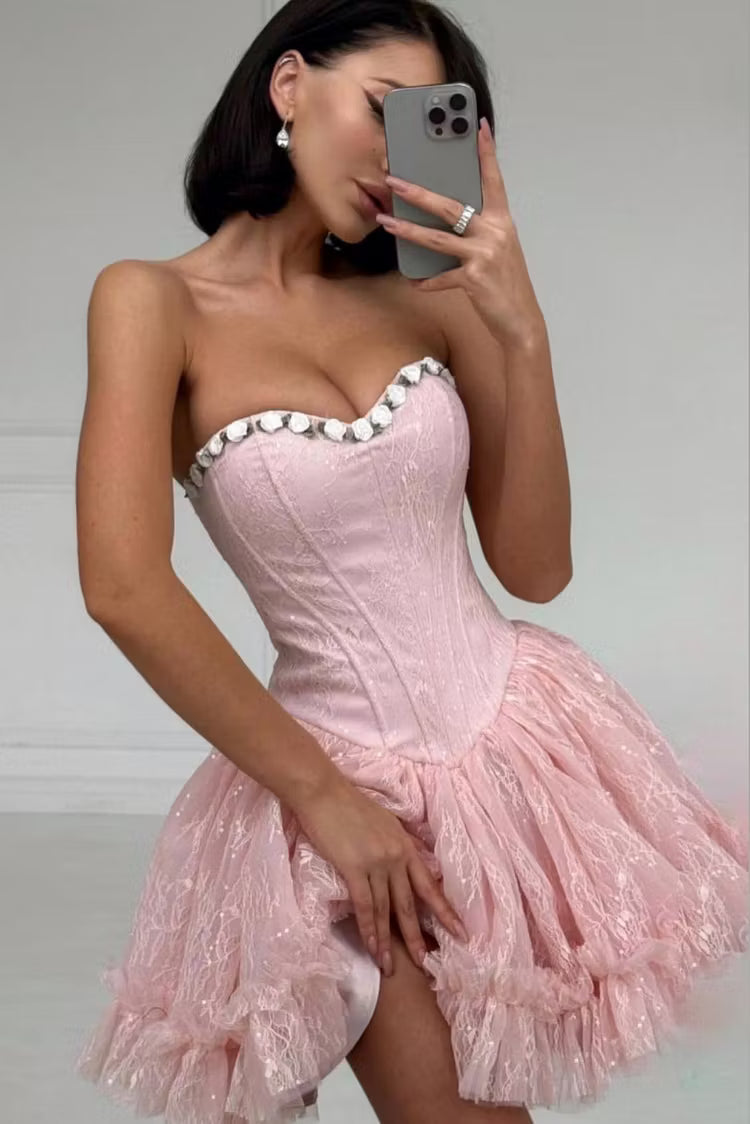 Sparkling A-Line Sweetheart Sleeveless Ruffled Pink Short Homecoming Dress for Her