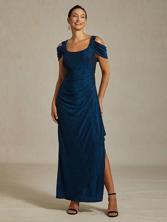 Sparkling Sheath Off-Shoulder Ruched Slit Elegant Teal Blue Floor-Length Prom Dresses Gown