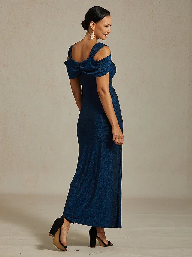 Sparkling Sheath Off-Shoulder Ruched Slit Elegant Teal Blue Floor-Length Prom Dresses Gown